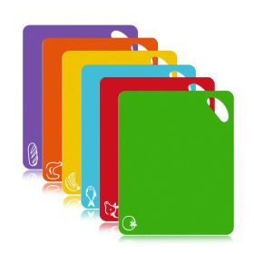 Set of 6 Colored Chopping Board Mats with Food Icons & Easy-Grip Handles Thick Flexible Plastic Kitchen Cutting Board Mats Se