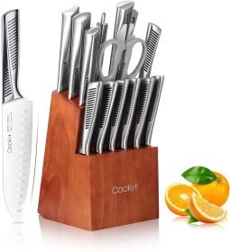 Kitchen Knife Set, 15 Piece Knife Sets with Block Chef Knife Stainless Steel Hollow Handle Cutlery with Manual Sharpener Amaz