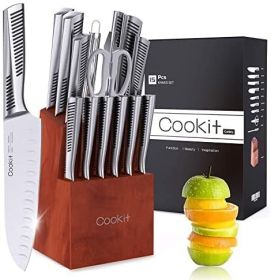 Kitchen Knife Set, 15 Piece Knife Sets with Block Chef Knife Stainless Steel Hollow Handle Cutlery with Manual Sharpener